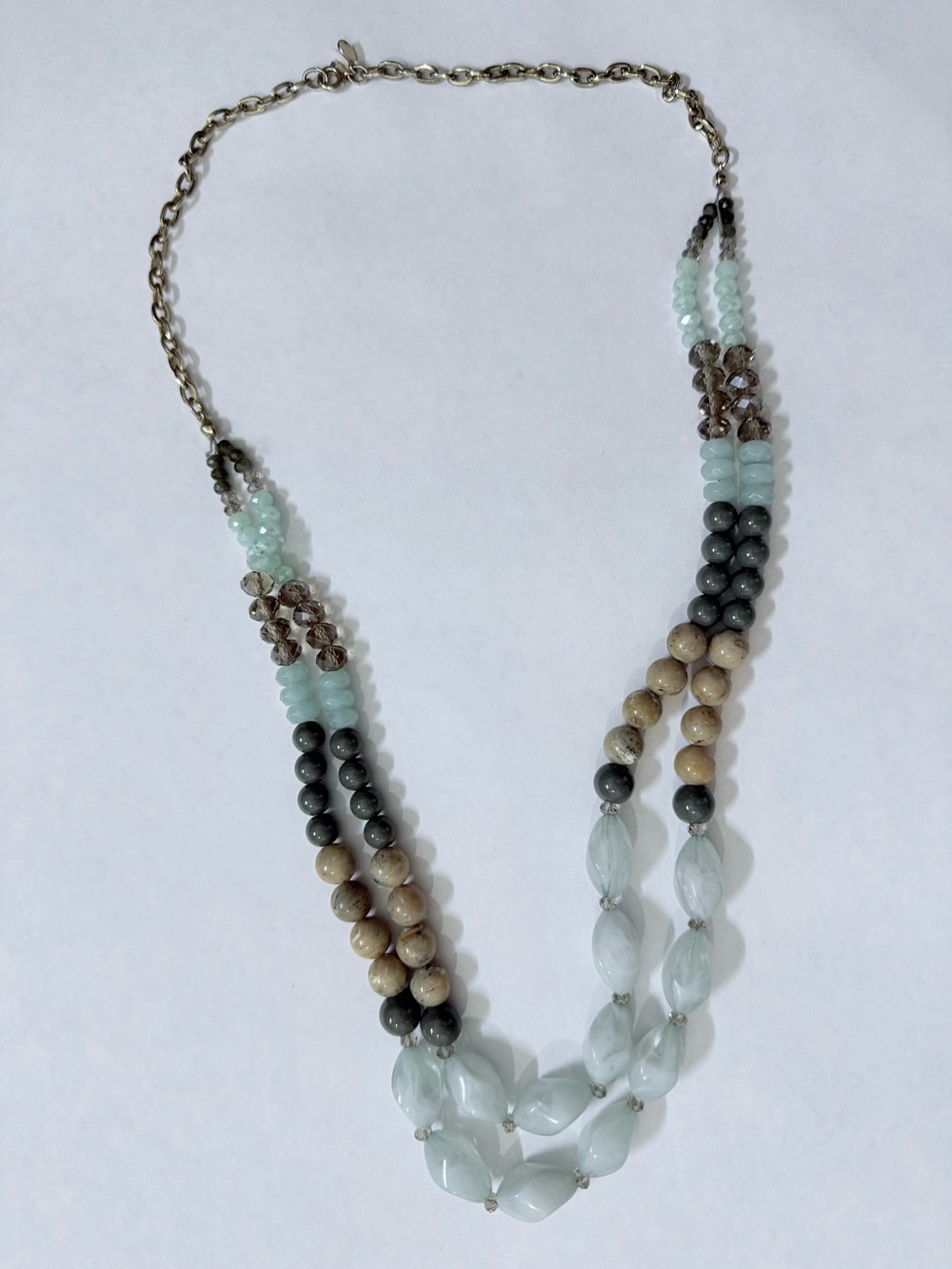 Multi-Strand Beaded Necklace in Aqua, Gray & Beige